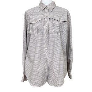 Vintage 80s Cheryl Tiegs Brand Beige / Greige Plaid Western Pearl Snap Size 18
